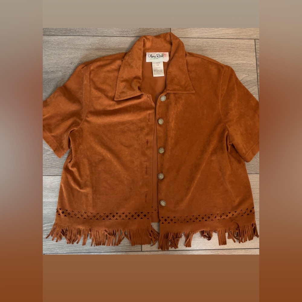 Olivia Rose Vintage Western Fringed Short Sleeved Button Up Suede Jacket Western
